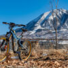 A wide view showing an Optibike E-Bike with snow covered mountains in the background, showing the hand painted frame featuring a wolf howling at the sky, painted in vibrant gold color.