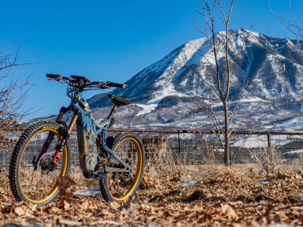 A wide view showing an Optibike E-Bike with snow covered mountains in the background, showing the hand painted frame featuring a wolf howling at the sky, painted in vibrant gold color.