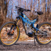 A view of an Optibike E-Bike, showing the hand painted frame featuring a wolf howling at the sky, painted in vibrant gold color.